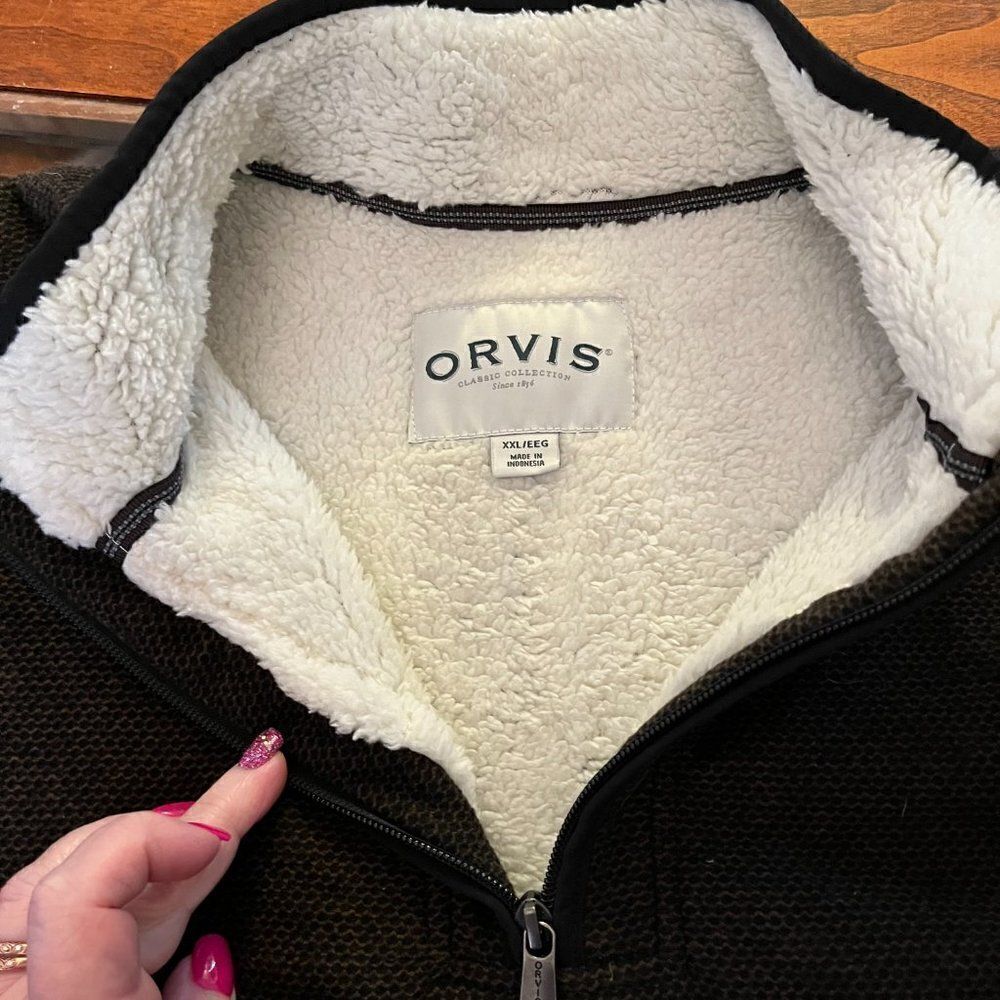 Orvis Brown White Coat Fuzzy Jacket Pull-Over XXL Like New